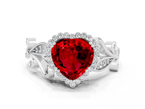 White gold Heart Cut Ruby Halo Ring with Vintage Split Shank and Four-Prong Setting_24