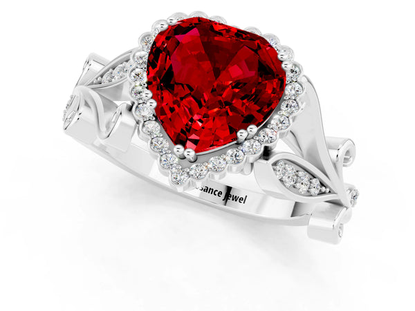 Platinum Heart Cut Ruby Halo Ring with Vintage Split Shank and Four-Prong Setting