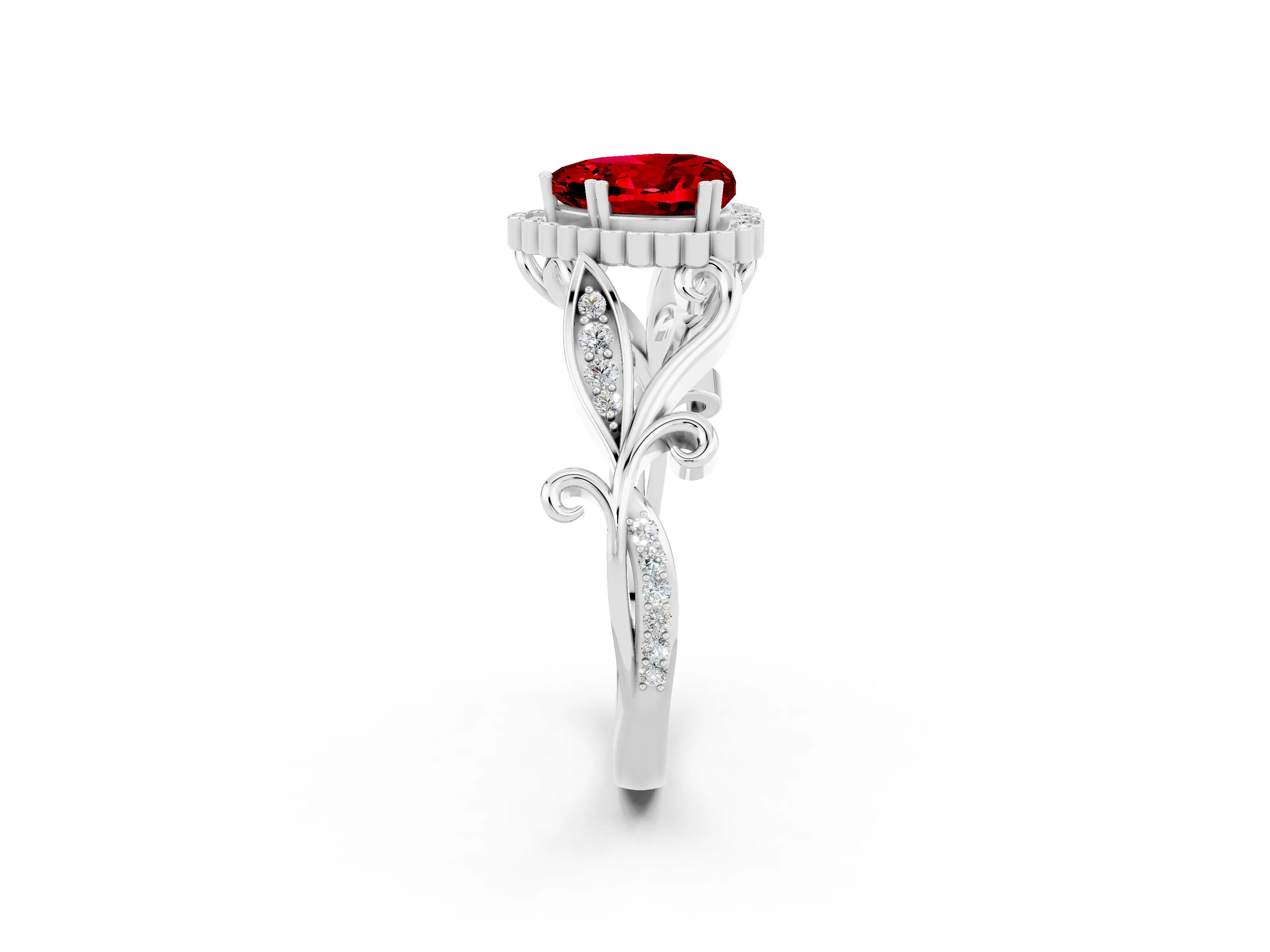 White gold Heart Cut Ruby Halo Ring with Vintage Split Shank and Four-Prong Setting_26