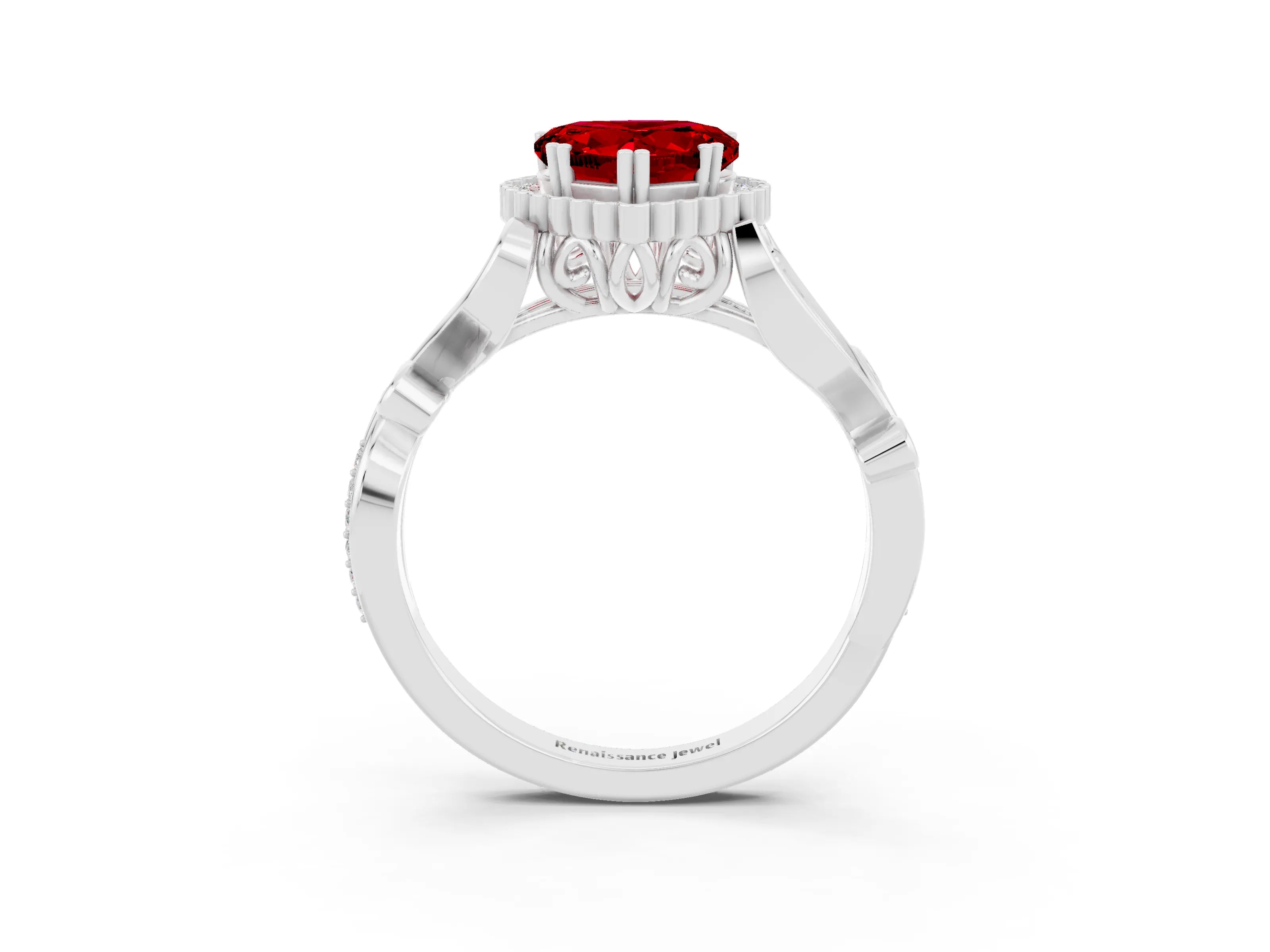 White gold Heart Cut Ruby Halo Ring with Vintage Split Shank and Four-Prong Setting_27