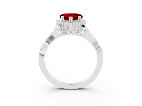 White gold Heart Cut Ruby Halo Ring with Vintage Split Shank and Four-Prong Setting_27