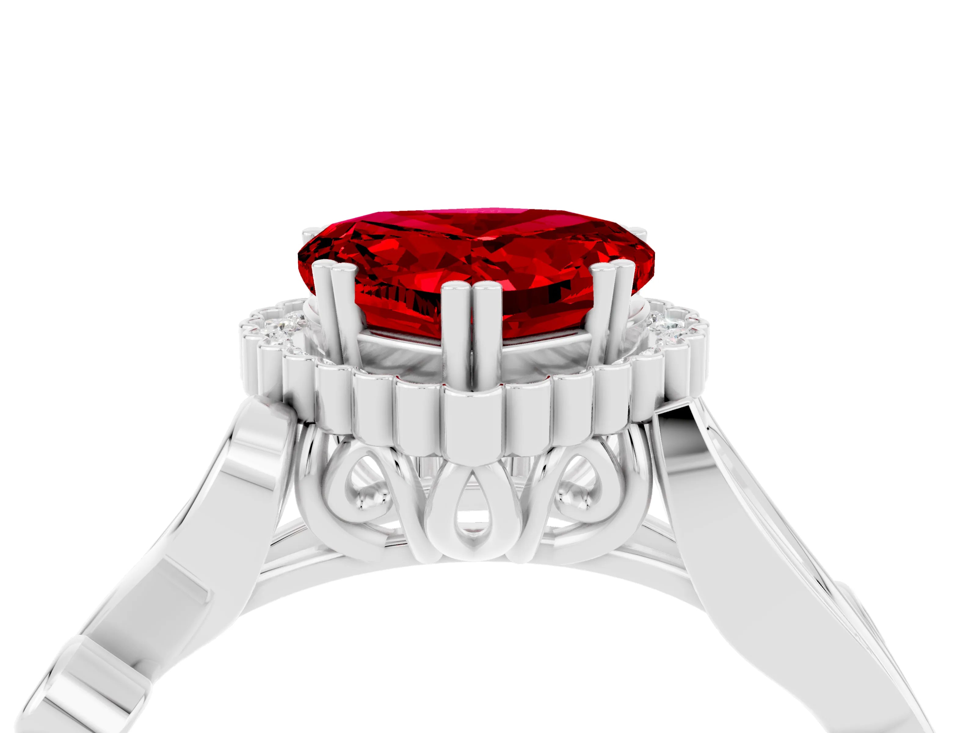White gold Heart Cut Ruby Halo Ring with Vintage Split Shank and Four-Prong Setting_28