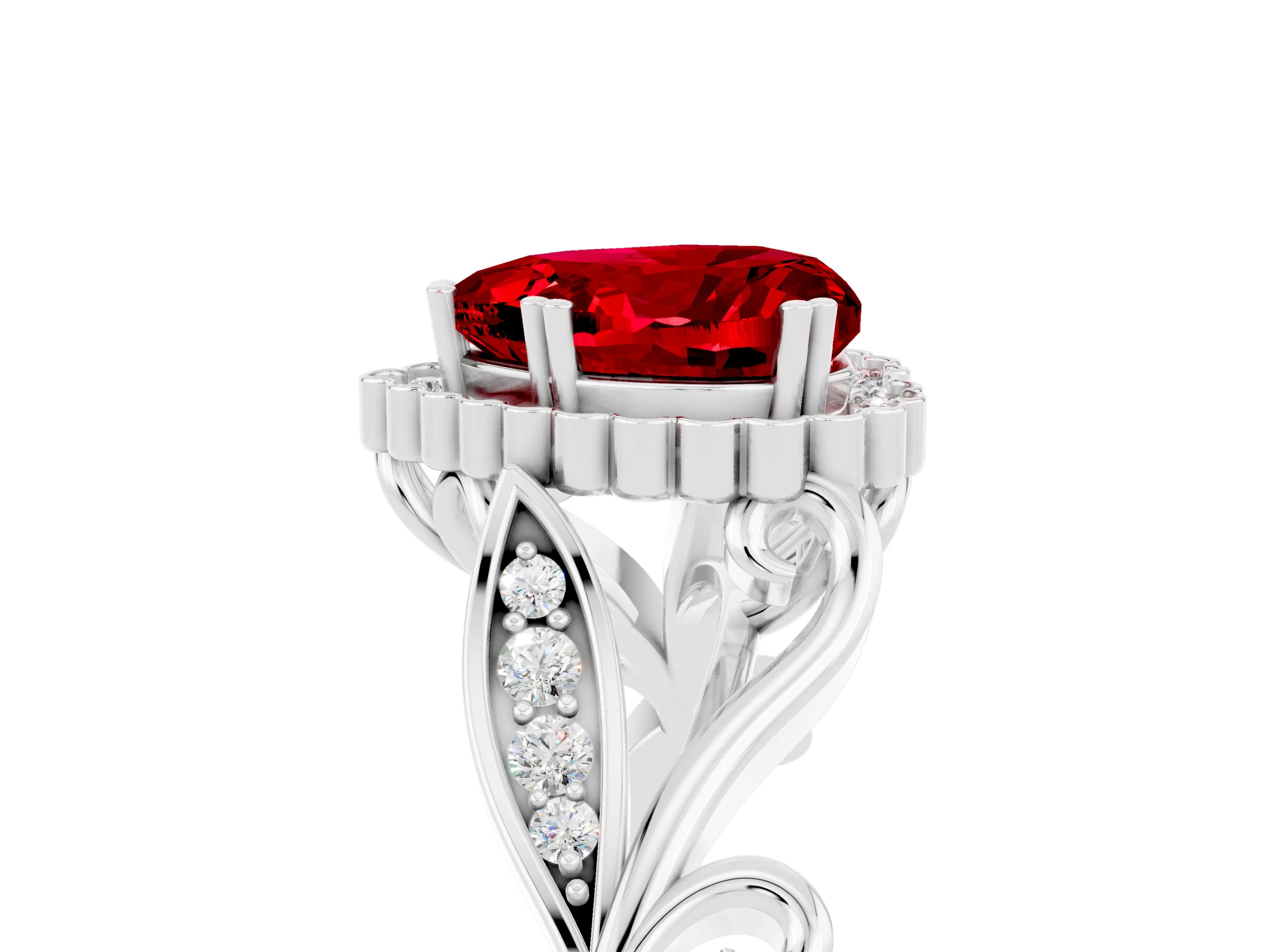 White gold Heart Cut Ruby Halo Ring with Vintage Split Shank and Four-Prong Setting_29
