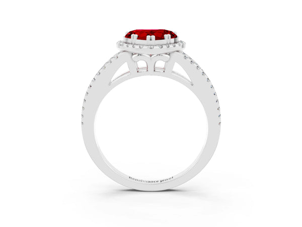 White gold Heart Cut Ruby Halo Split Shank Engagement Ring