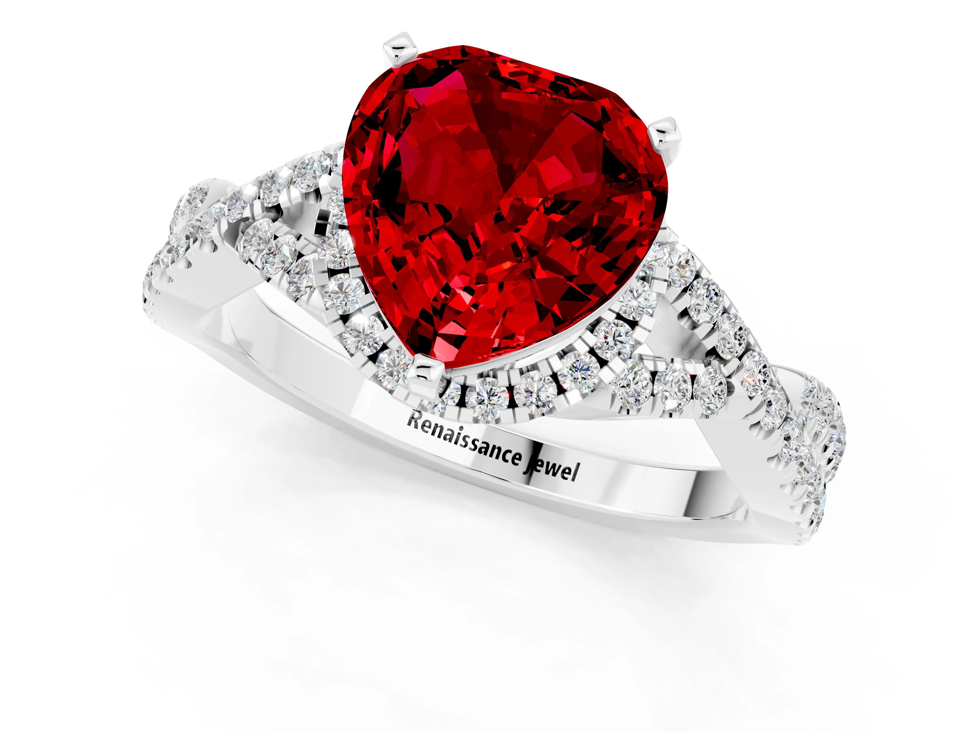 White gold Heart Cut Ruby Halo Twist Band Solitaire Prong Setting Ring_1