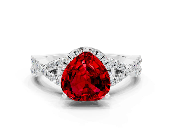 Silver Heart Cut Ruby  Halo Twist Band Solitaire Prong Setting Ring