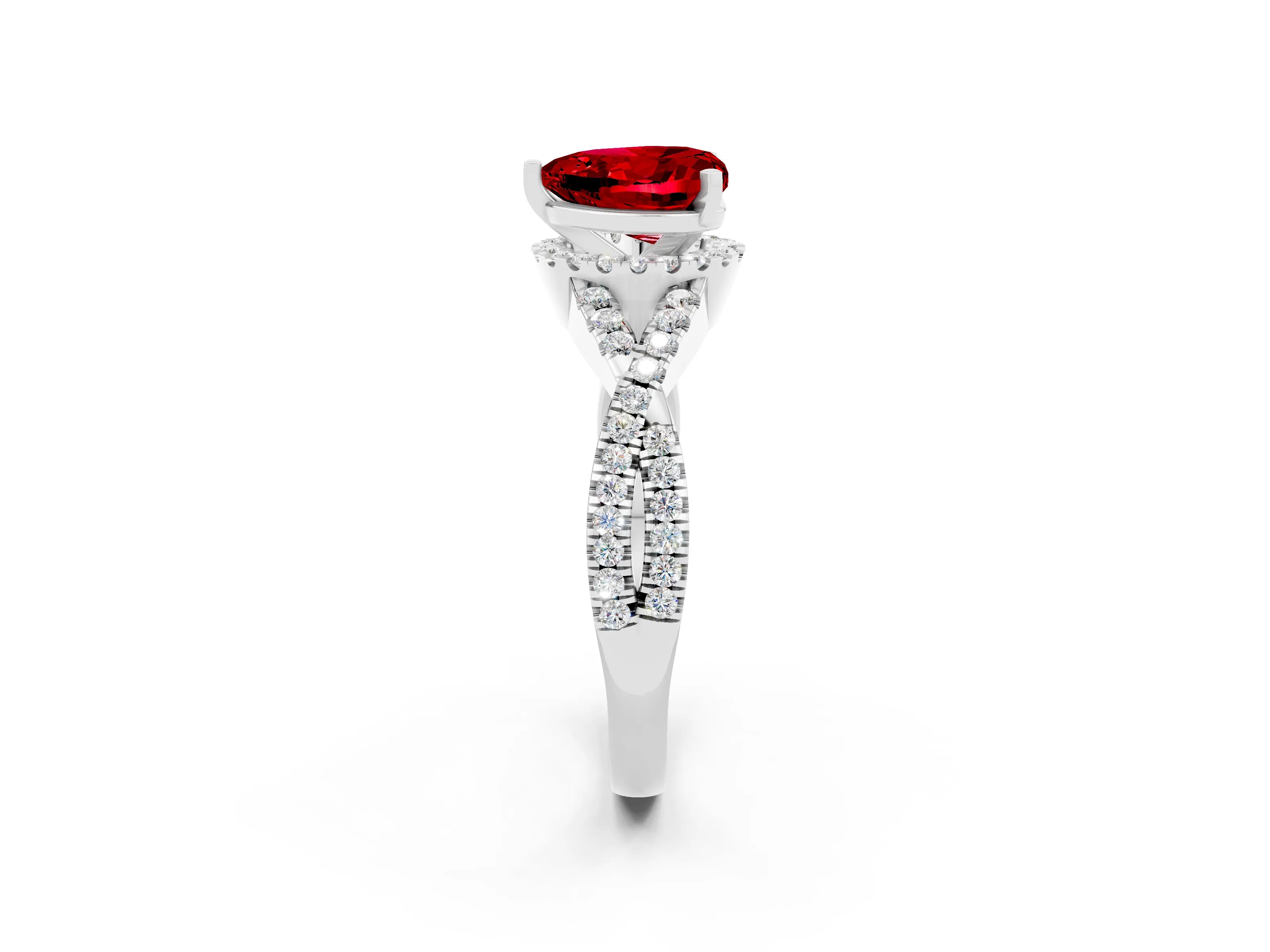 White gold Heart Cut Ruby Halo Twist Band Solitaire Prong Setting Ring_2