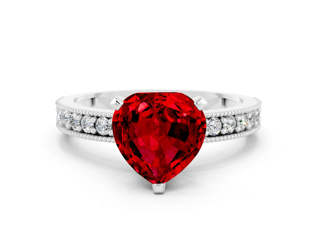 White gold Heart Cut Ruby Milgrain Pavé Engagement Ring with Four-Prong Setting_12