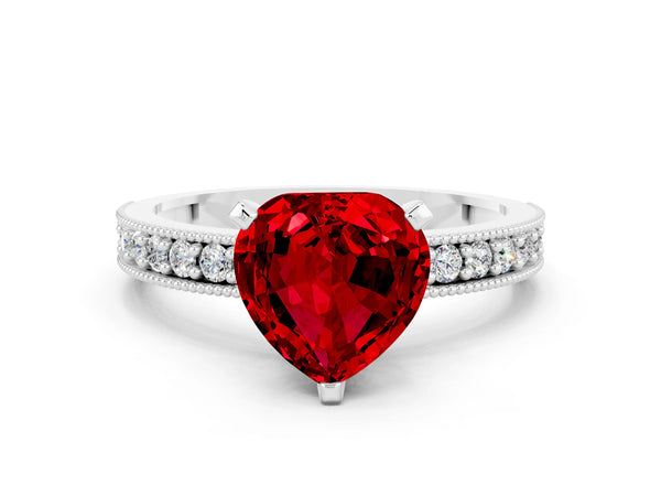 Platinum Heart Cut Ruby Milgrain Pavé Engagement Ring with Four-Prong Setting