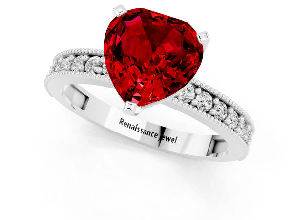Platinum Heart Cut Ruby Milgrain Pavé Engagement Ring with Four-Prong Setting