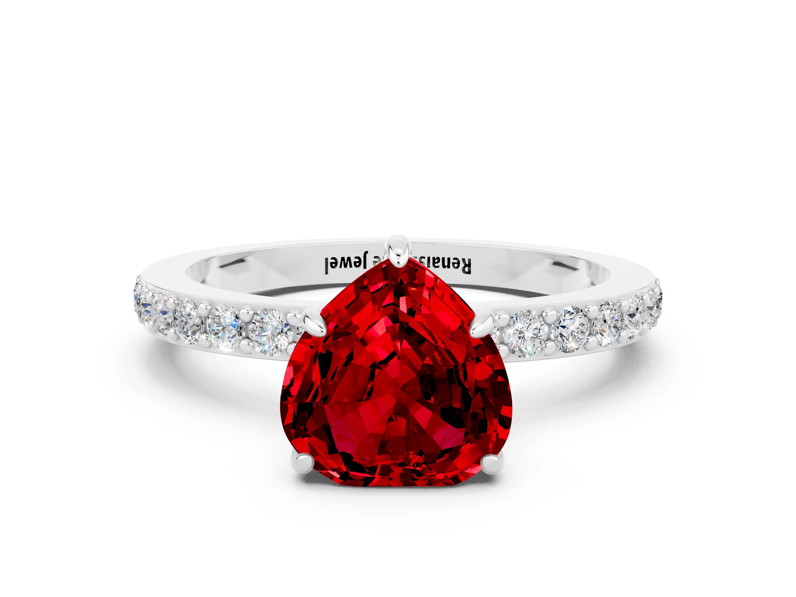 White gold Heart Cut Ruby Pavé Engagement Ring with Round  Accents and Prong Setting_24