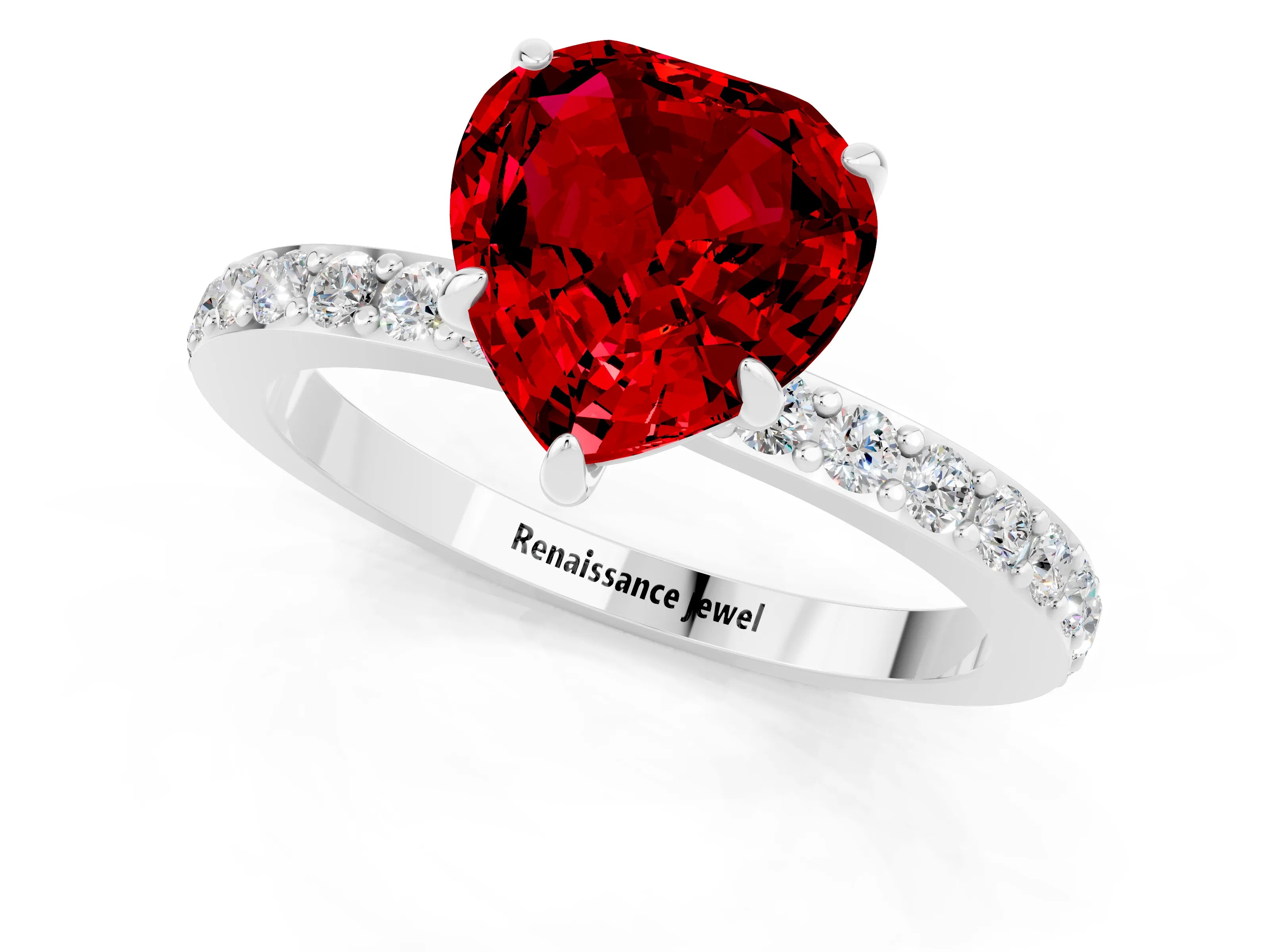 White gold Heart Cut Ruby Pavé Engagement Ring with Round  Accents and Prong Setting_25
