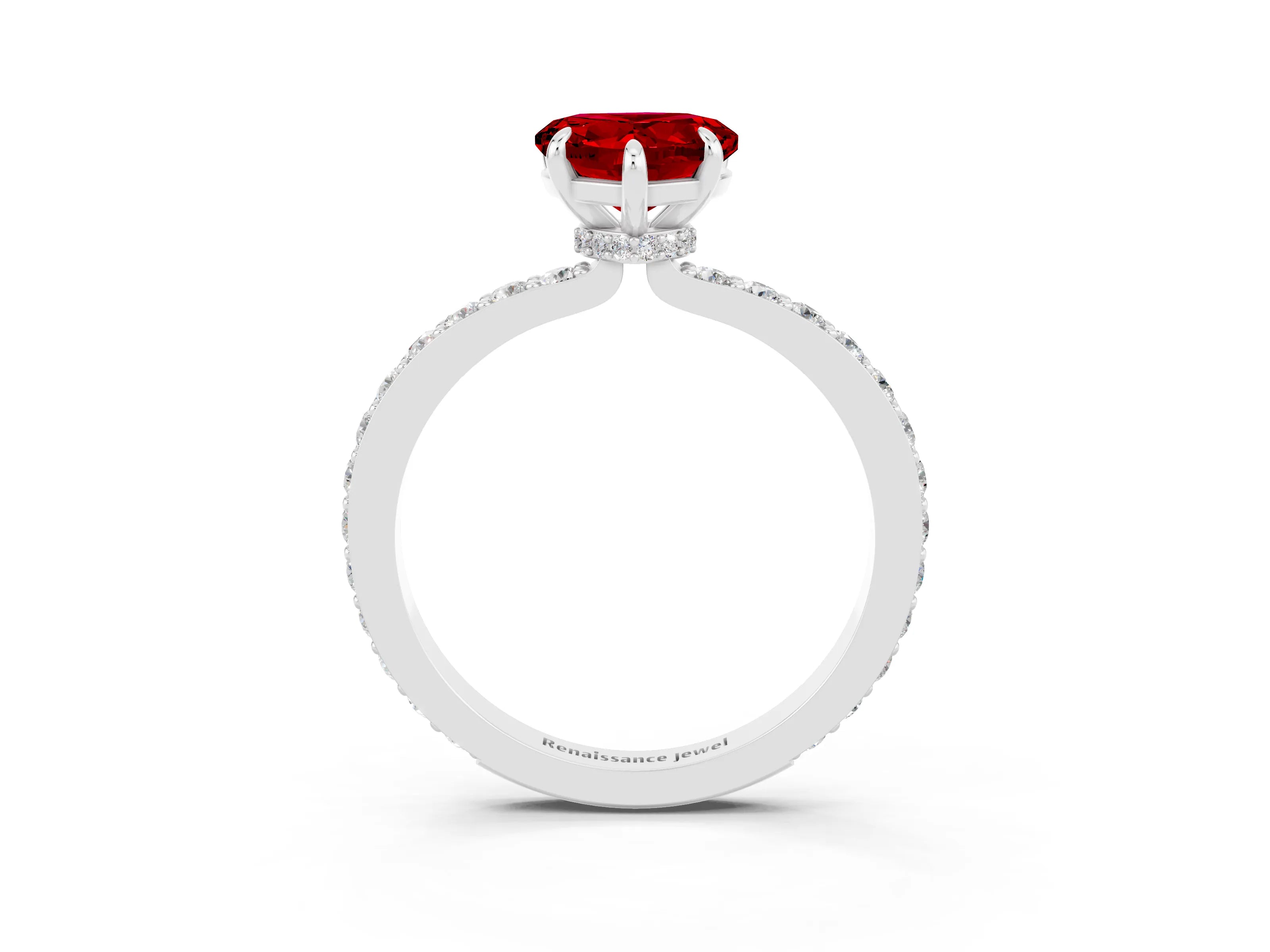 White gold Heart Cut Ruby Pavé Engagement Ring with Round  Accents and Prong Setting_27