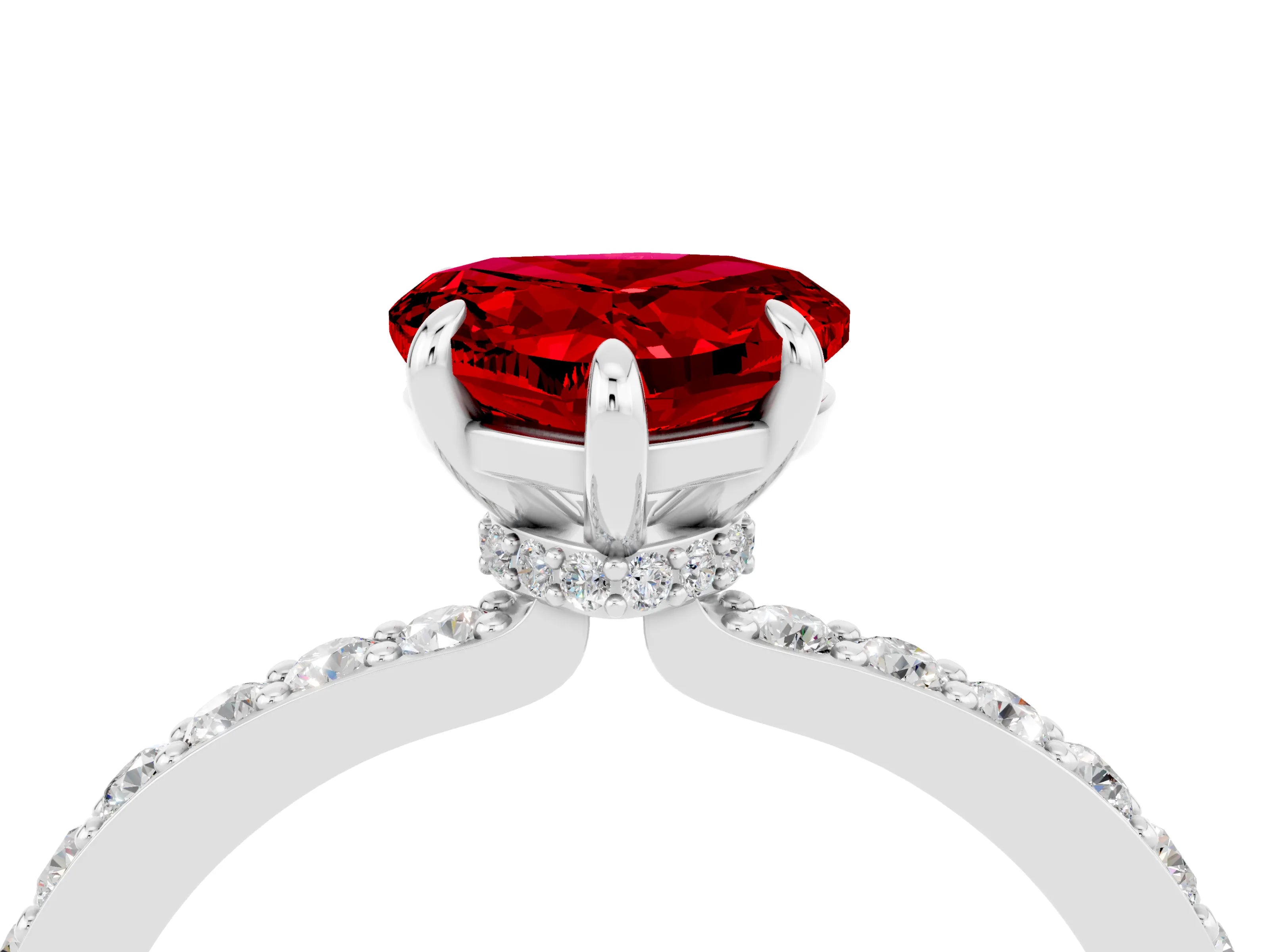 White gold Heart Cut Ruby Pavé Engagement Ring with Round  Accents and Prong Setting_28