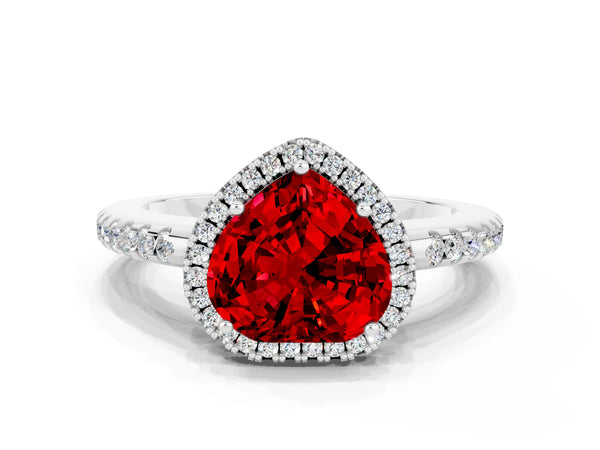 Silver Heart Cut Ruby Pavé Halo Ring with Four-Prong Setting