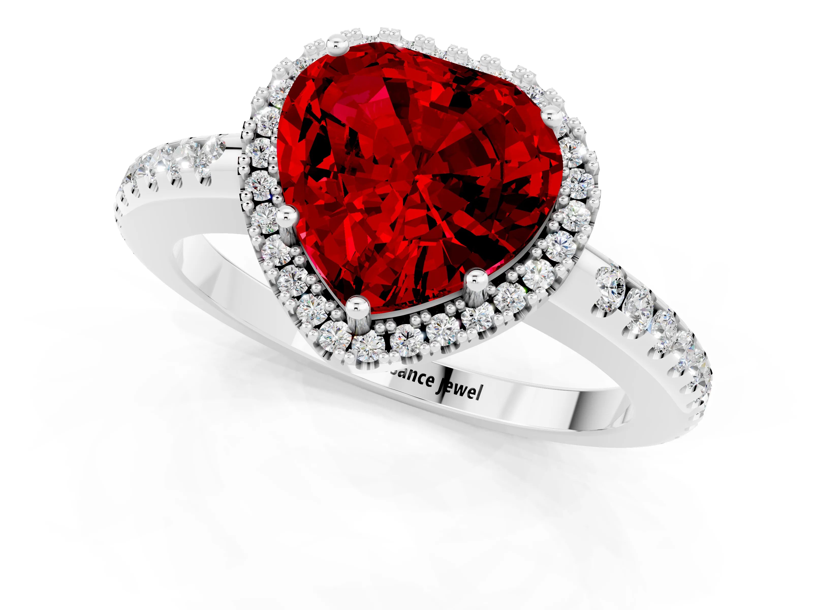 White gold Heart Cut Ruby Pavé Halo Ring with Four-Prong Setting_13