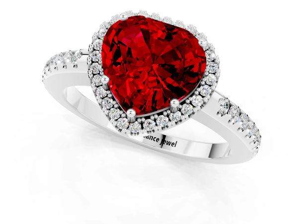 White gold Heart Cut Ruby Pavé Halo Ring with Four-Prong Setting