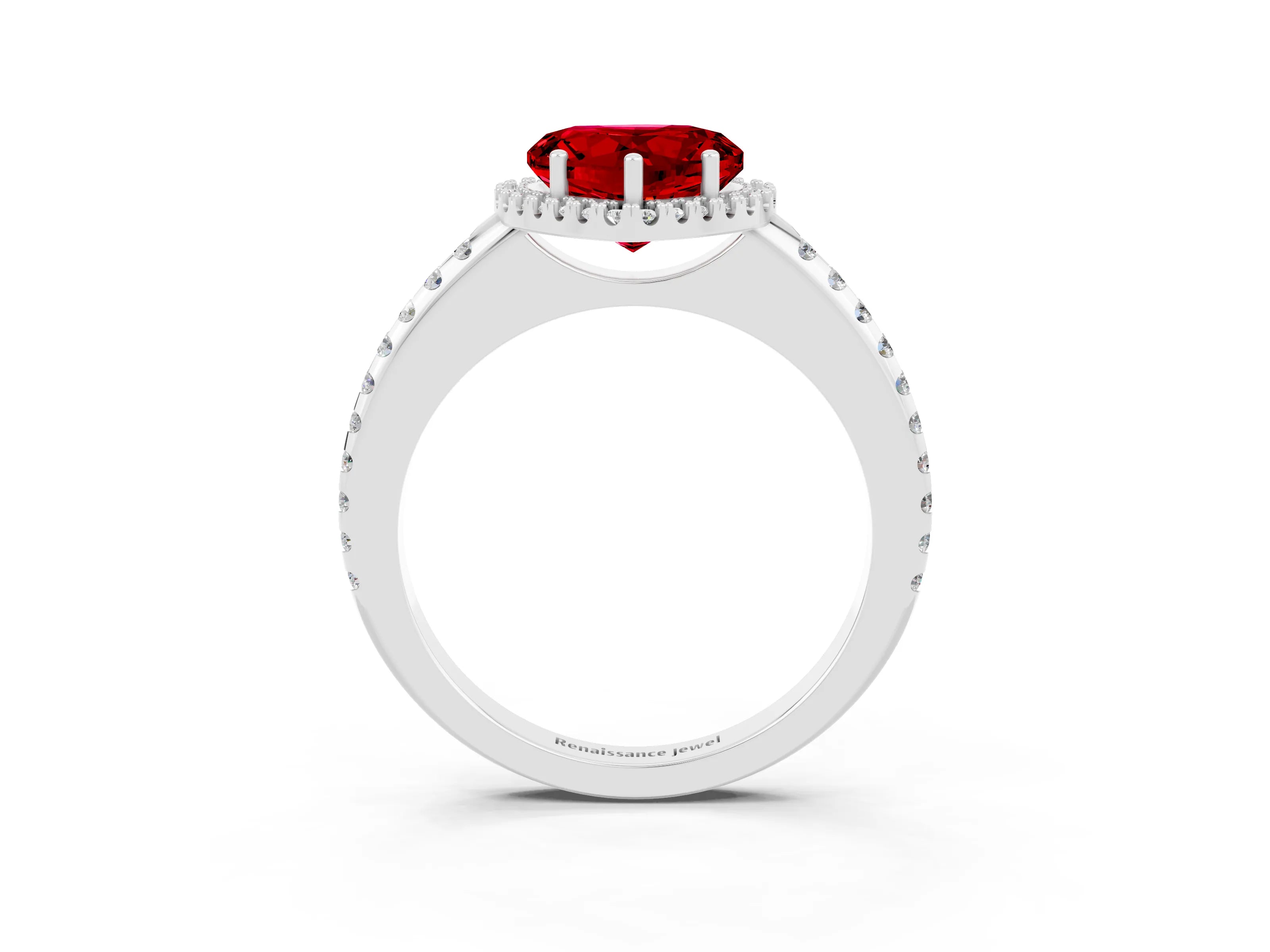 White gold Heart Cut Ruby Pavé Halo Ring with Four-Prong Setting_15