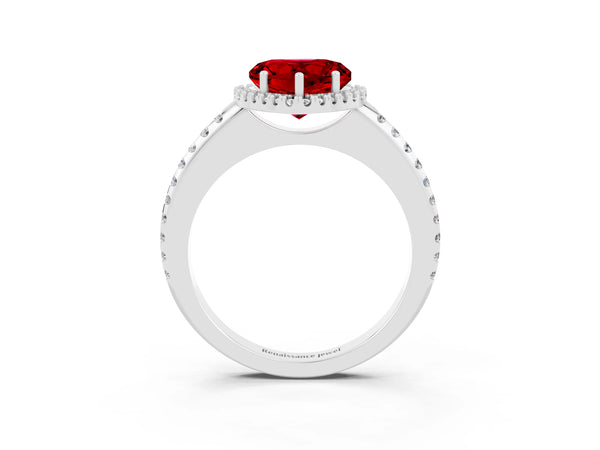 Silver Heart Cut Ruby Pavé Halo Ring with Four-Prong Setting