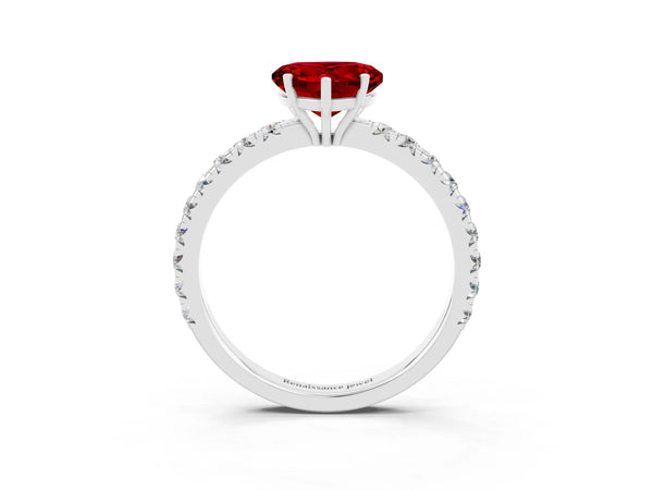 White gold Heart Cut Ruby Pavé Solitaire Engagement Ring with Four-Prong Setting