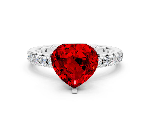 White gold Heart Cut Ruby Pavé Solitaire Ring with Round Band and Prong Setting