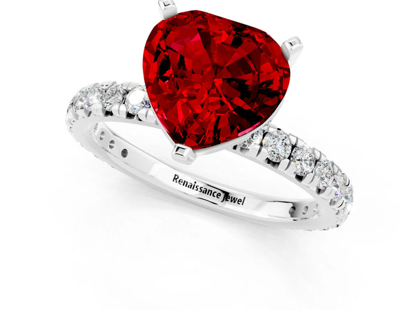 White gold Heart Cut Ruby Pavé Solitaire Ring with Round Band and Prong Setting
