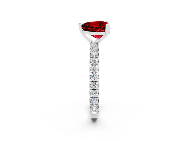 Platinum Heart Cut Ruby Pavé Solitaire Ring with Round Band and Prong Setting