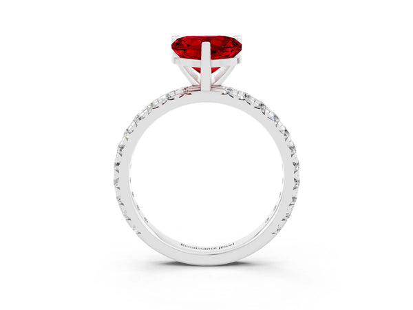 Platinum Heart Cut Ruby Pavé Solitaire Ring with Round Band and Prong Setting