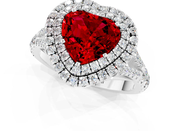 White gold Heart Cut Ruby Pavé Split Shank Double Halo Engagement Ring