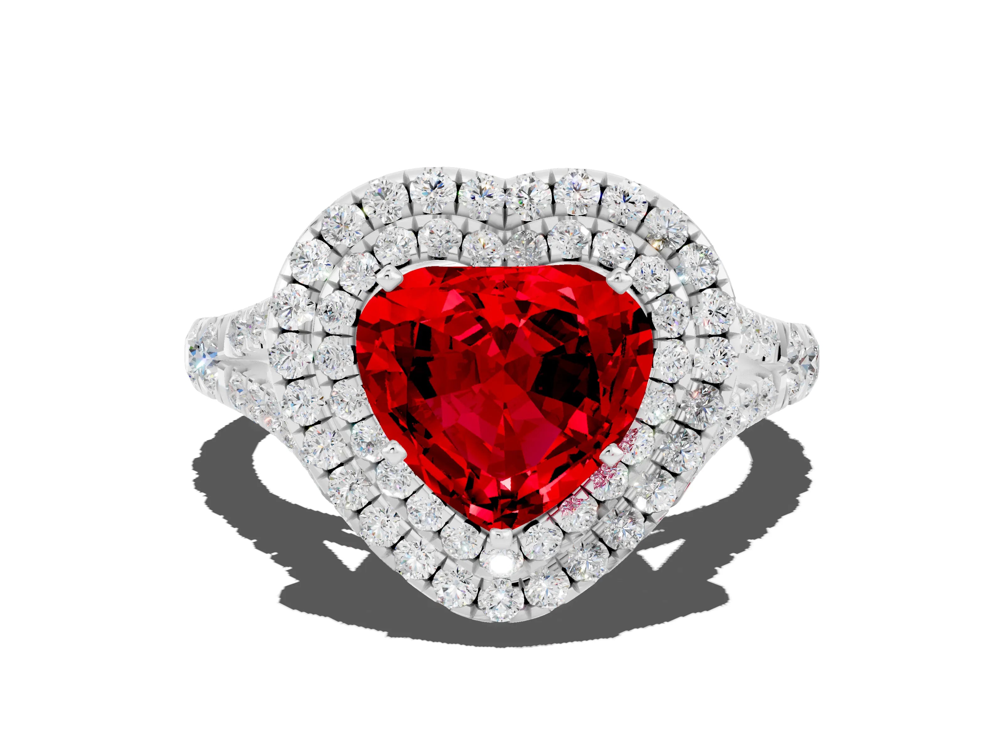White gold Heart Cut Ruby Pavé Split Shank Double Halo Engagement Ring