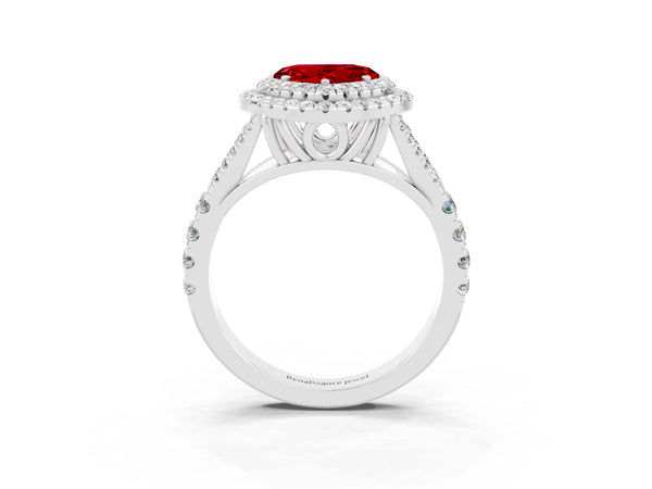 Platinum Heart Cut Ruby Pavé Split Shank Double Halo Engagement Ring