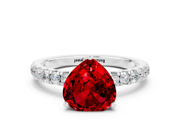 Platinum Heart Cut Ruby Pave Band Solitaire Ring with Round  and Prong Setting