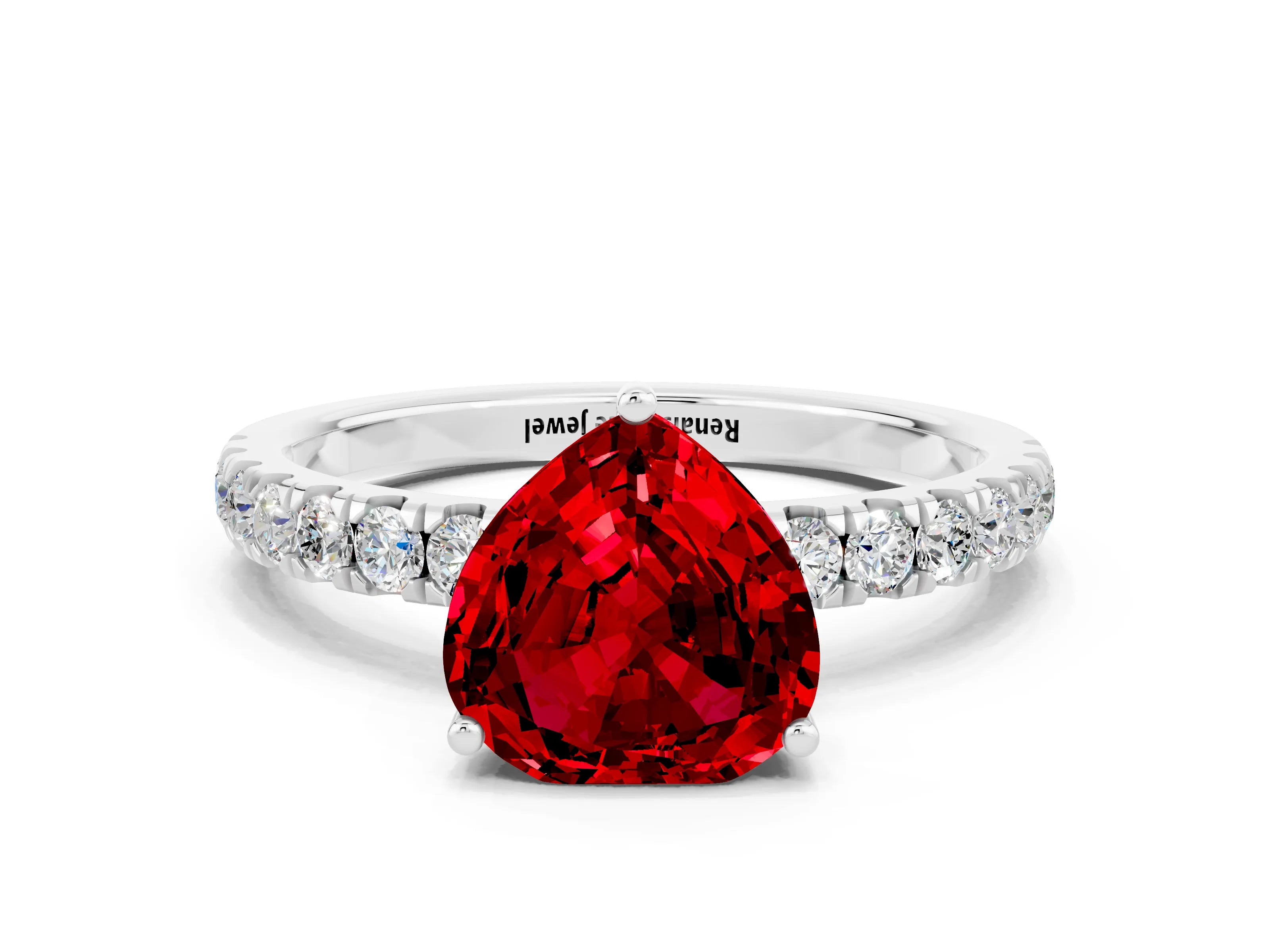 White gold Heart Cut Ruby Pave Band Solitaire Ring with Four-Prong Setting_24