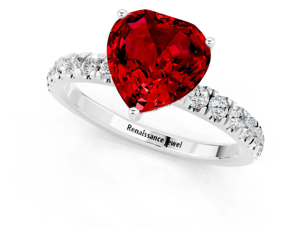 Platinum Heart Cut Ruby Pave Band Solitaire Ring with Round  and Prong Setting