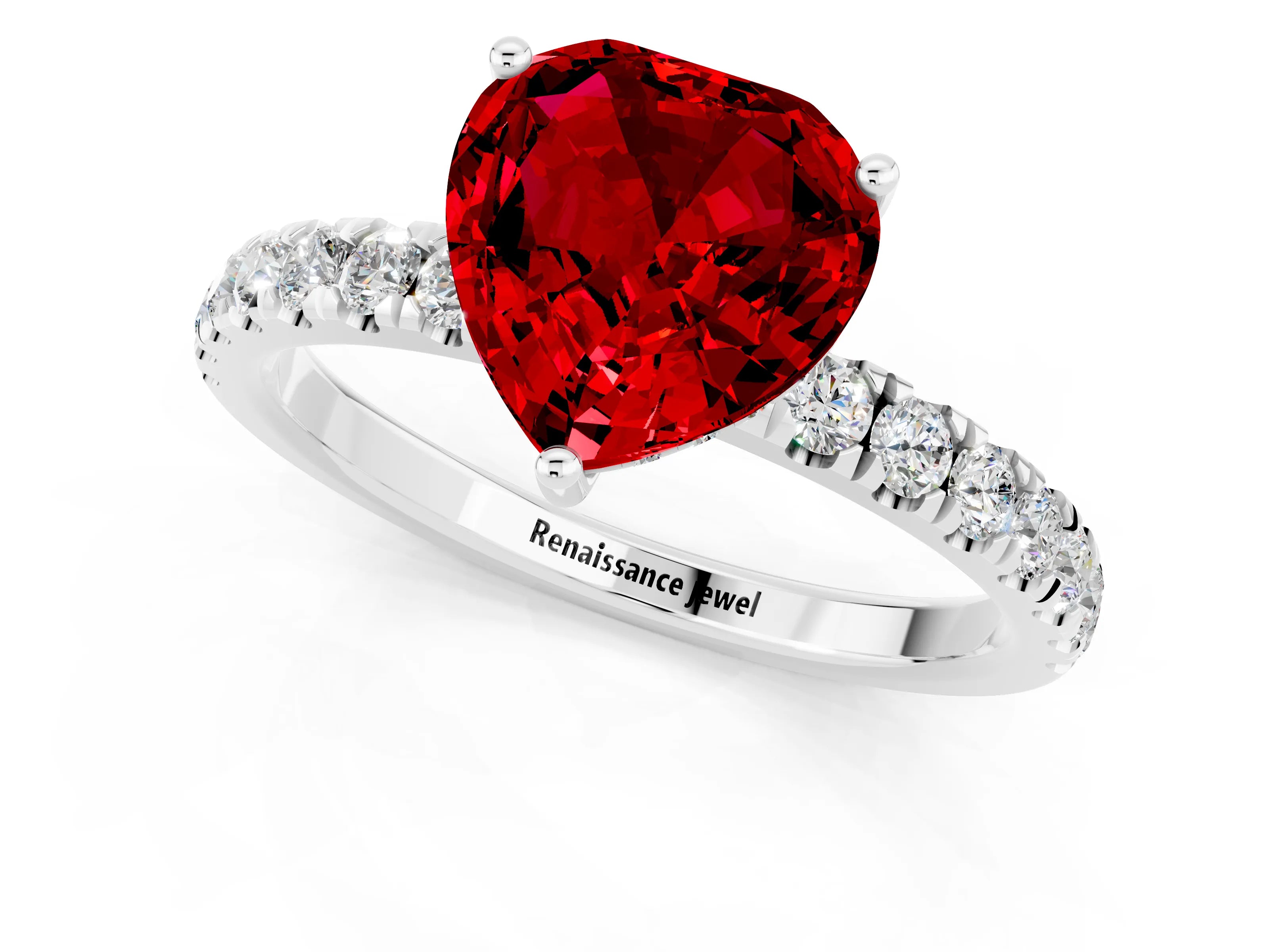 White gold Heart Cut Ruby Pave Band Solitaire Ring with Four-Prong Setting_25
