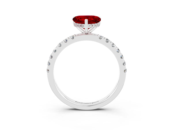 Silver Heart Cut Ruby Pave Band Solitaire Ring with Round  and Prong Setting
