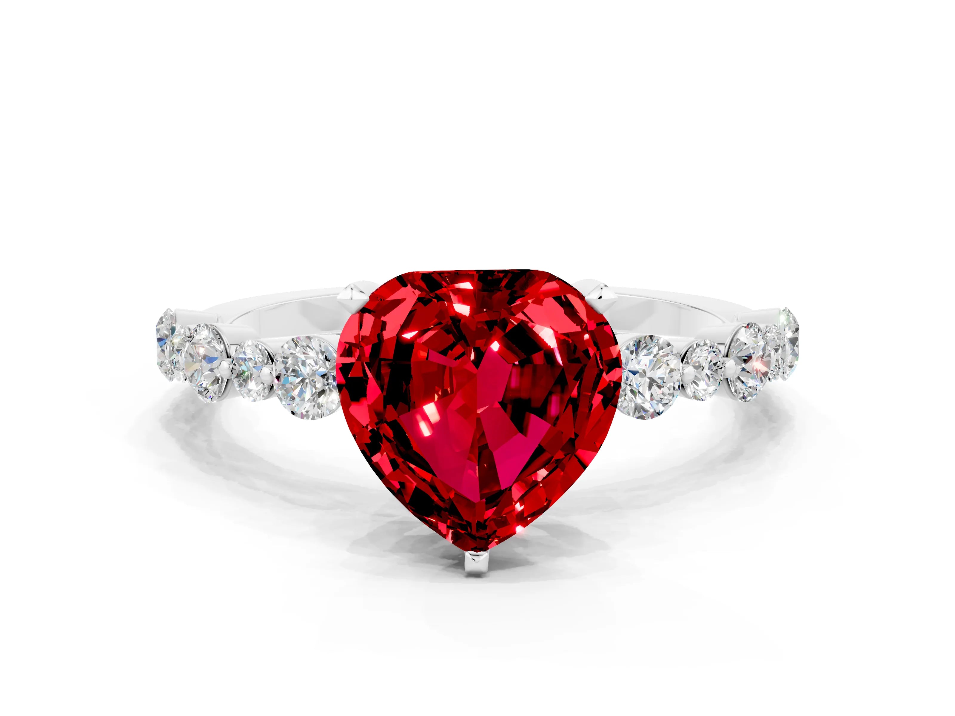 White gold Heart Cut Ruby Prong Set Engagement Ring with Pavé Band