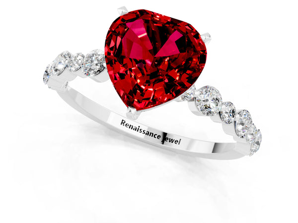 Platinum Heart Cut Ruby Prong Set Engagement Ring with Pavé Band