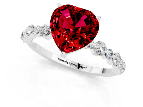 White gold Heart Cut Ruby Prong Set Engagement Ring with Pavé Band_1