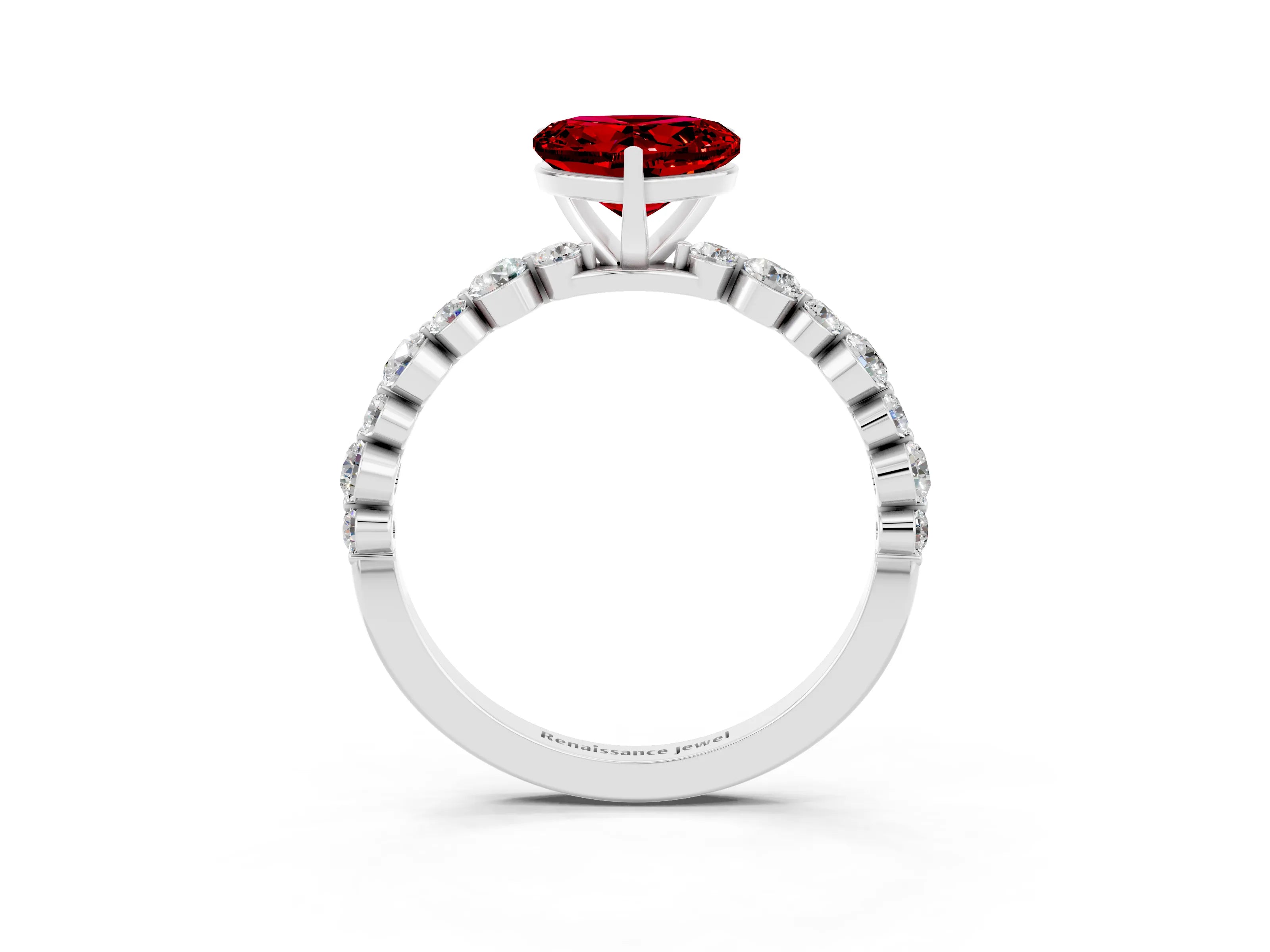 White gold Heart Cut Ruby Prong Set Engagement Ring with Pavé Band_3
