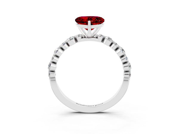 White gold Heart Cut Ruby Prong Set Engagement Ring with Pavé Band