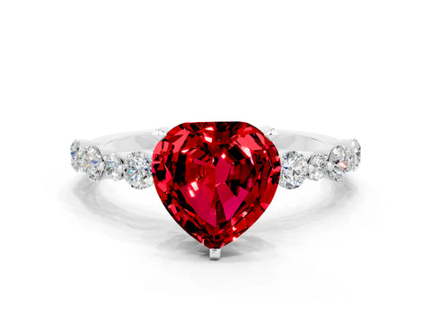 White gold Heart Cut Ruby Prong Set Engagement Ring with Pavé Band