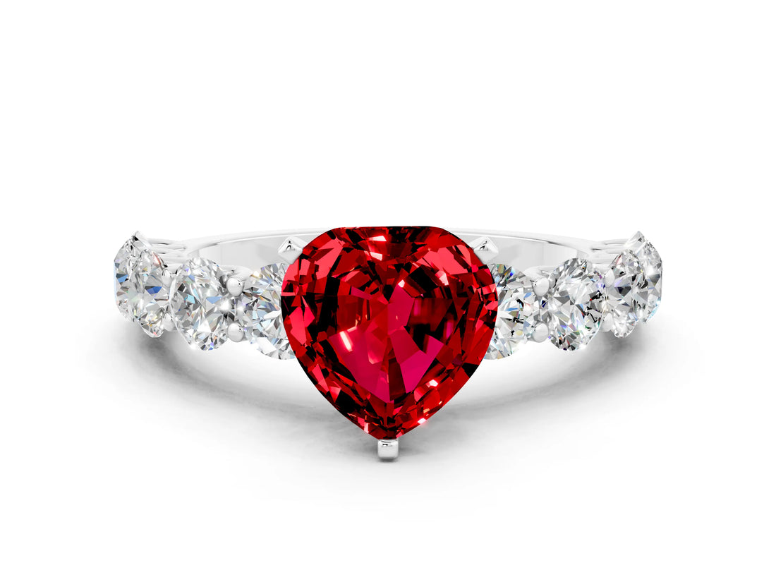White gold Heart Cut Ruby Prong Setting with Side Stones on a Pave Band