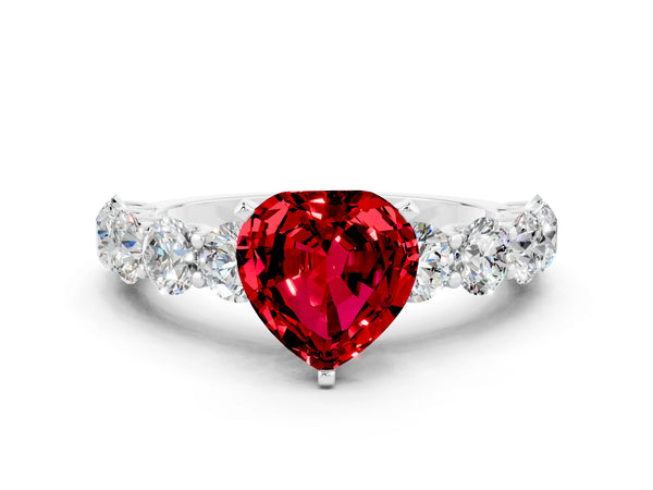 White gold Heart Cut Ruby Prong Setting with Side Stones on a Pave Band