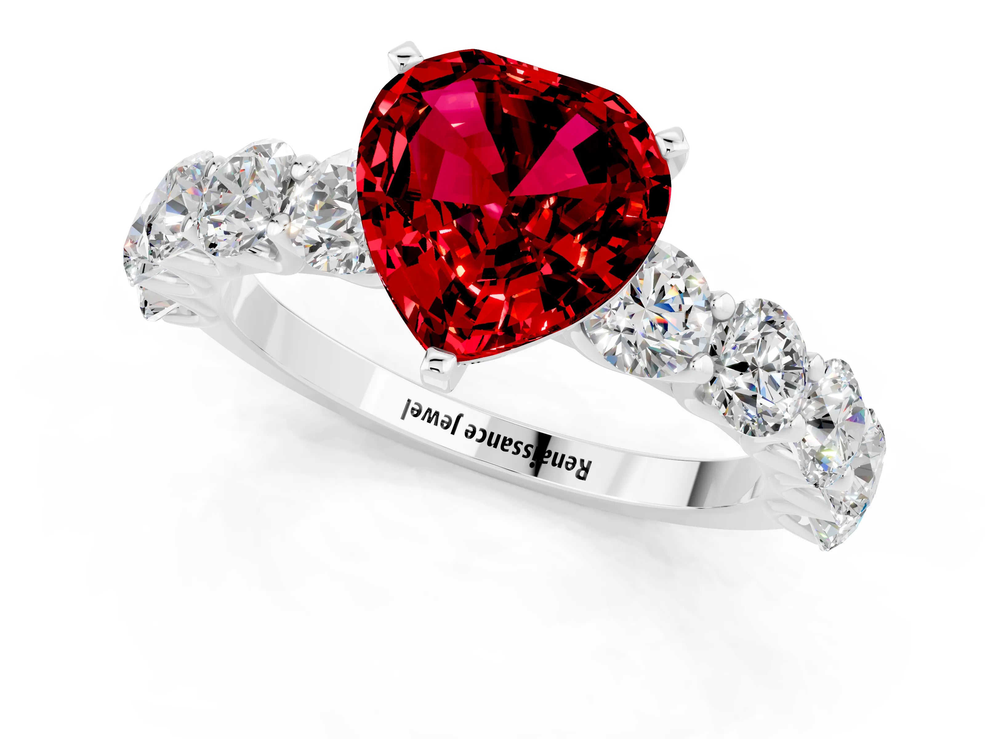 White gold Heart Cut Ruby Prong Setting with Side Stones on a Pave Band_1