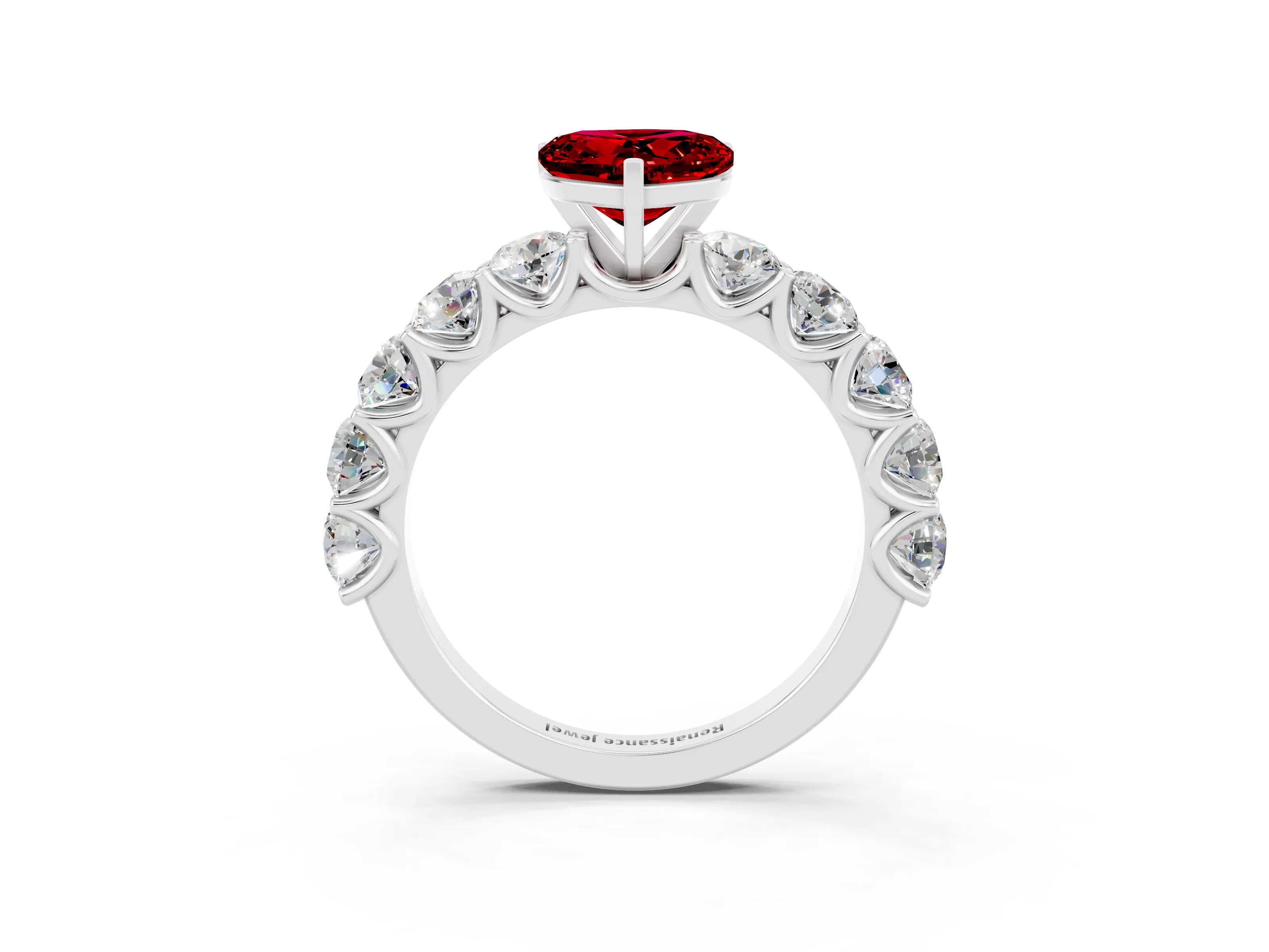 White gold Heart Cut Ruby Prong Setting with Side Stones on a Pave Band_3