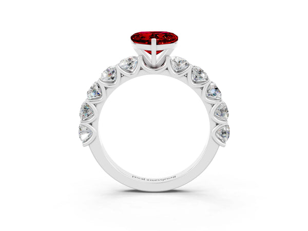 White gold Heart Cut Ruby Prong Setting with Side Stones on a Pave Band