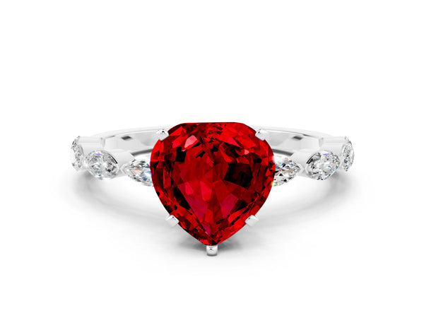Platinum Heart Cut Ruby Ring with Marquise Side Stones and Prong Setting