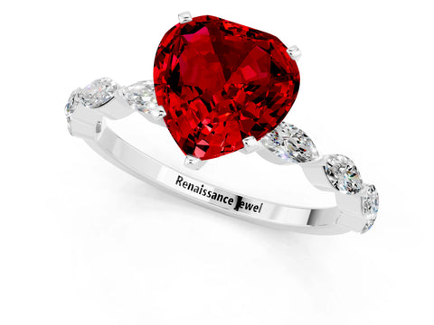White gold Heart Cut Ruby Ring with Marquise Side Stones and Prong Setting_1
