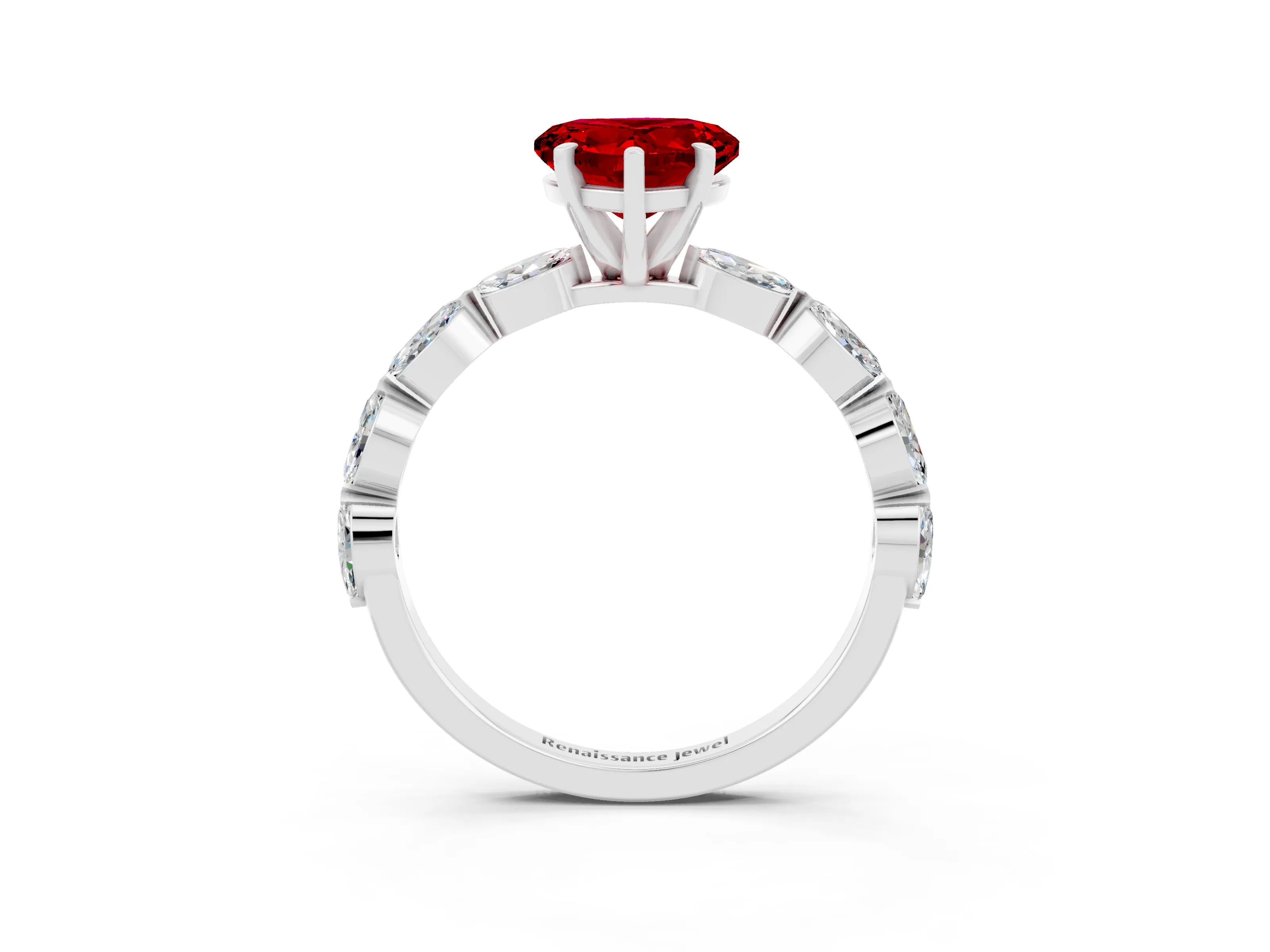 White gold Heart Cut Ruby Ring with Marquise Side Stones and Prong Setting_3